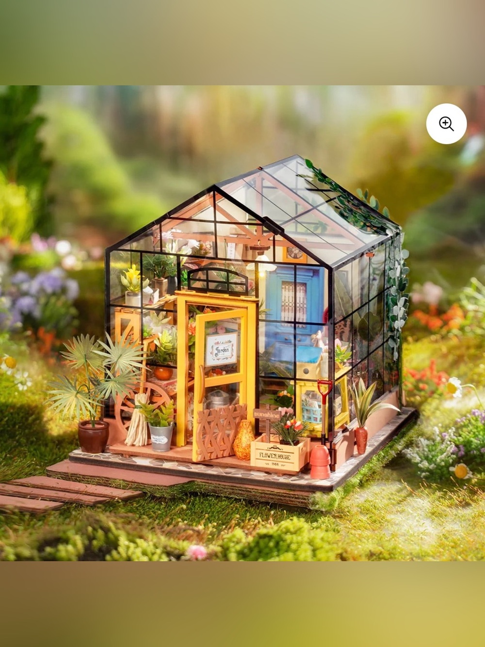 Miniature Glass Greenhouse Dollhouse with Yellow Door
